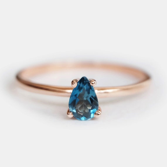 14k Rose Gold Pear Cut Swiss Blue Topaz Ring, December Birthstone, Dainty Promise Gift