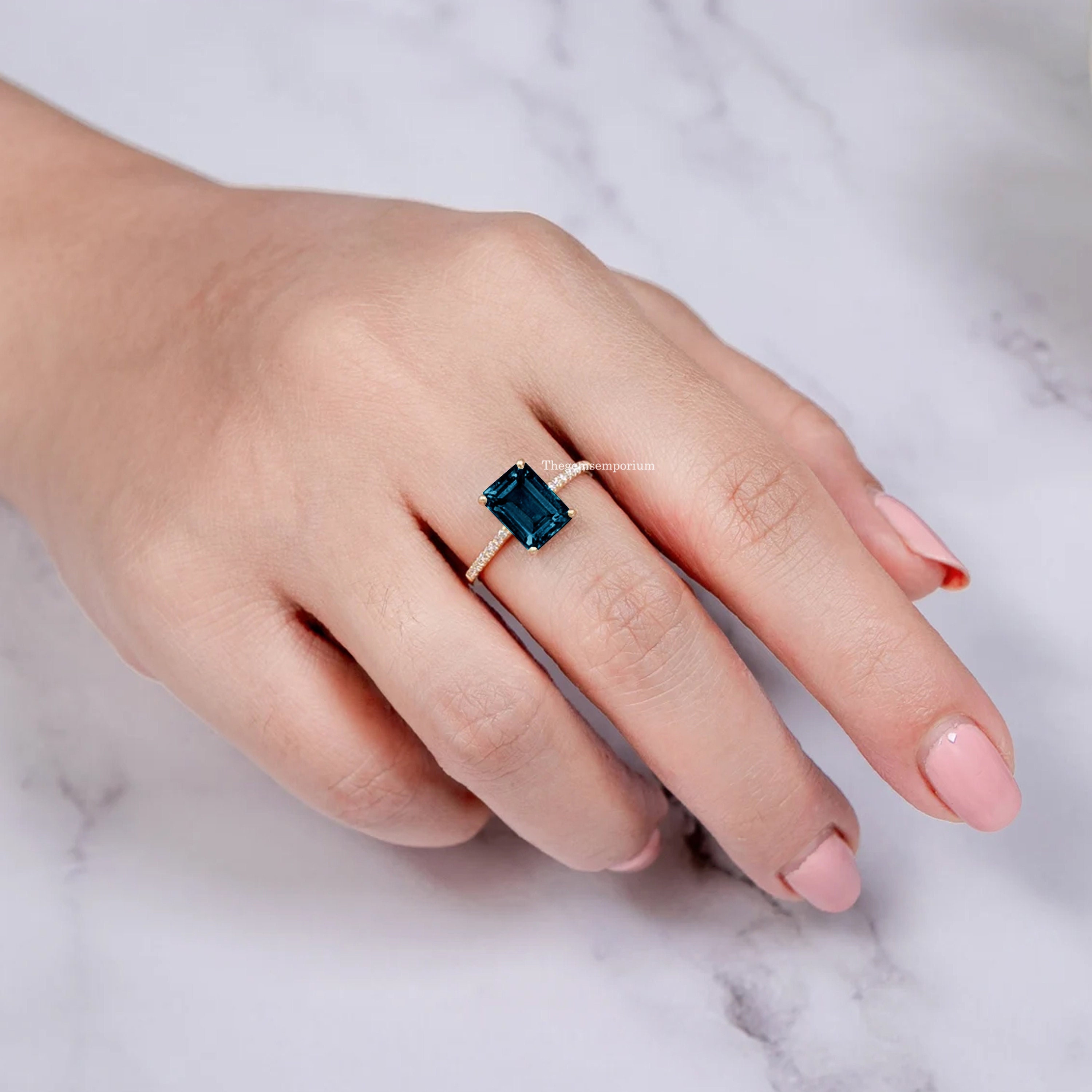 14k Solid Rose Gold/london Blue Topaz Diamond Ring/emerald Cut Ring/something Blue For Bride/december Birthstone/solitaire Proposal Ring
