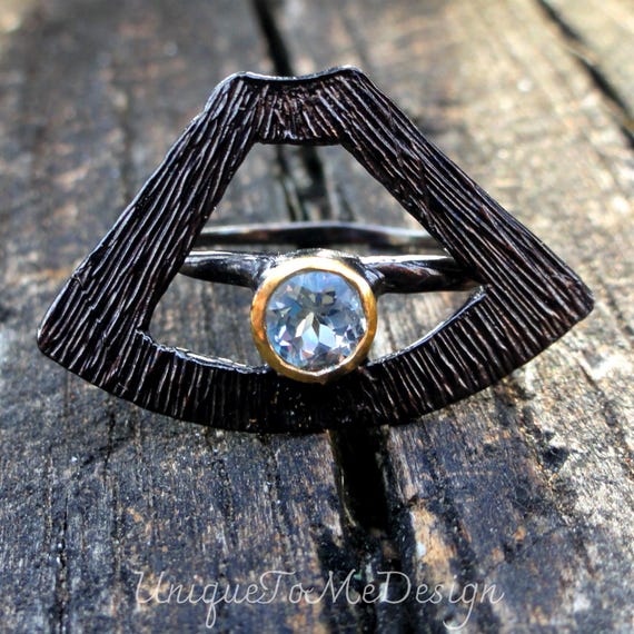 Blackened Sterling Silver Blue Topaz Ring - 14k Gold Accent, Size 8