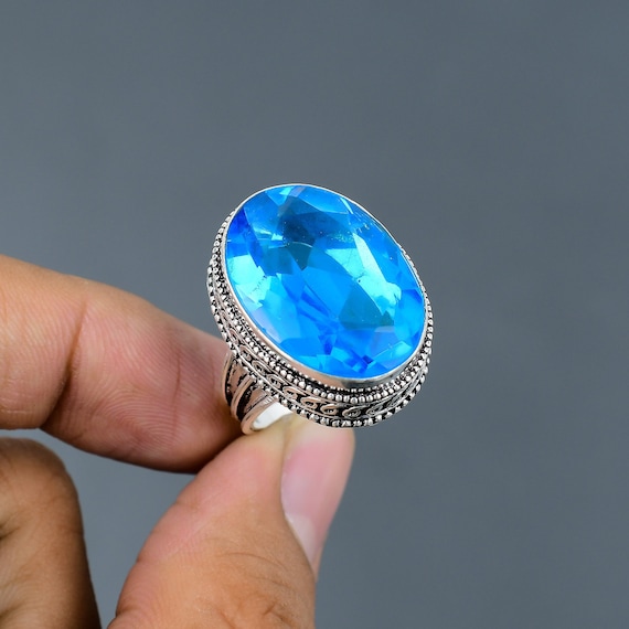 Faceted Swiss Blue Topaz Ring: Handmade 925 Sterling Silver