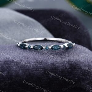 Half Eternity London Blue Topaz White Gold Wedding Band Unique Custom Birthstone Ring Marquise Cut Wedding Band Stacking Matching Band