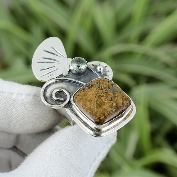 Handmade Bronzite & Swiss Blue Topaz Ring: 925 Sterling Silver, Size 6.5