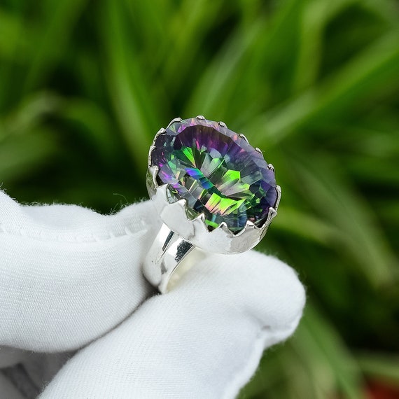 Handmade Rainbow Mystic Topaz Ring: Adjustable 925 Sterling Silver