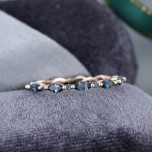 London Blue Topaz Wedding Band Women Solid 14k Rose Gold Unique Full Eternity Marquise Cut Wedding Band Vintage Stacking Matching Band