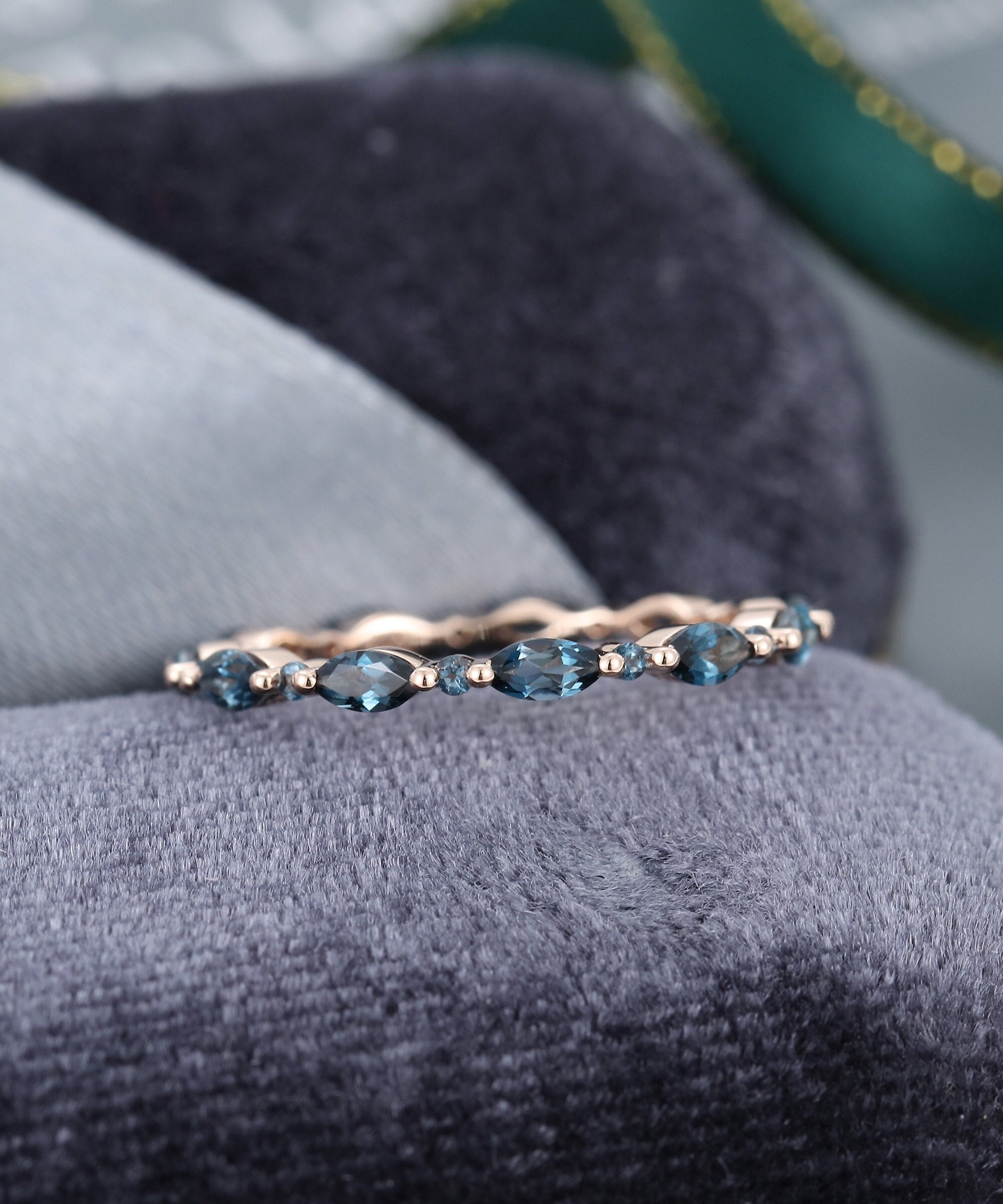 London Blue Topaz Wedding Band Women Solid 14k Rose Gold Unique Full Eternity Marquise Cut Wedding Band Vintage Stacking Matching Band London Blue Topaz Wedding Band Women Solid 14k Rose Gold Unique Full Eternity Marquise Cut Wedding Band Vintage Stacking Matching Band