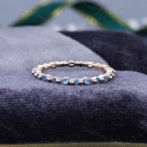 London Blue Topaz Wedding Band Unique Vintage Full Eternity Rose Gold Wedding Band Marquise Cut Stacking Matching Ring Bridal Promise Ring