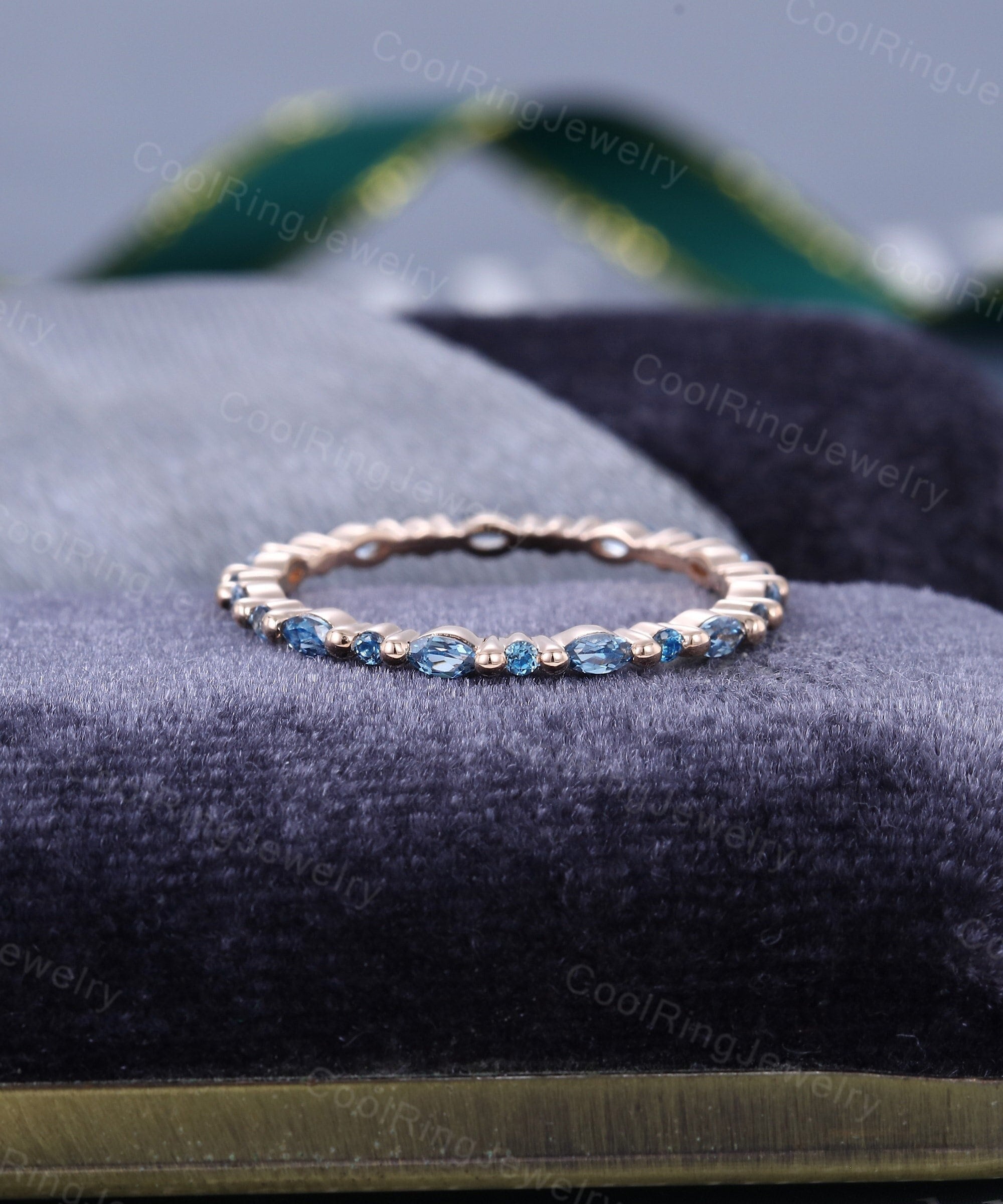 London Blue Topaz Wedding Band Unique Vintage Full Eternity Rose Gold Wedding Band Marquise Cut Stacking Matching Ring Bridal Promise Ring