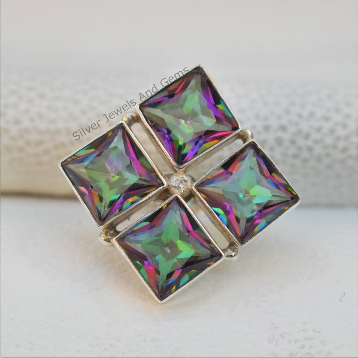 Mystic Topaz Ring, Multi Stone Ring, Birthday Gift, Solid 925 Sterling Silver Ring, Handmade Ring, Square Designer Ring, Gemstone Ring