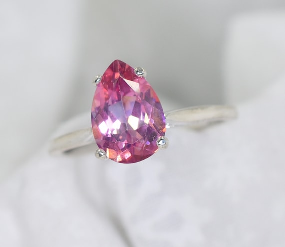 Mystic Pink Topaz Ring, Something Pink, Genuine Gemstone, 10x7mm Pear Shaped, 2.28 Carats, Set In 925 Sterling Silver Mounting