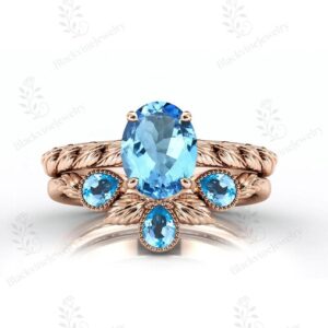 Natural Sky Blue Topaz Engagement Ring Set For Women 14K Gold Blue Topaz Gemstone Wedding Ring Set Art Deco Topaz 2 Pcs Bridal Ring Set Gift