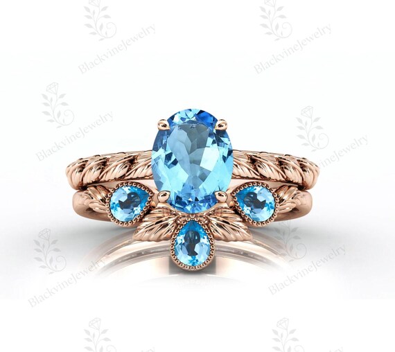 Natural Sky Blue Topaz Engagement Ring Set For Women 14k Gold Blue Topaz Gemstone Wedding Ring Set Art Deco Topaz 2 Pcs Bridal Ring Set Gift
