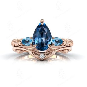 Nature Inspired London Blue Topaz Engagement Ring Set Art Deco Blue Gemstone Wedding Ring Set Unique Leaf Style Blue Topaz Bridal Ring Set Nature Inspired London Blue Topaz Engagement Ring Set Art Deco Blue Gemstone Wedding Ring Set Unique Leaf Style Blue Topaz Bridal Ring Set