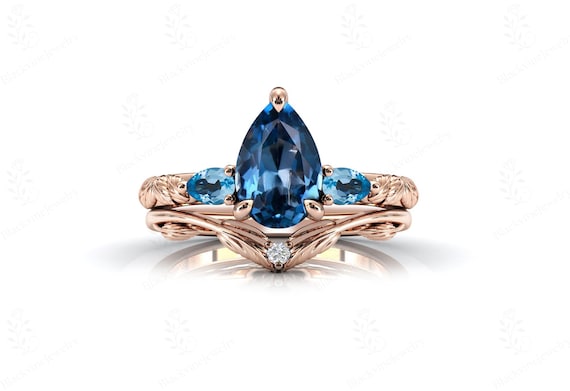 Nature Inspired London Blue Topaz Engagement Ring Set Art Deco Blue Gemstone Wedding Ring Set Unique Leaf Style Blue Topaz Bridal Ring Set