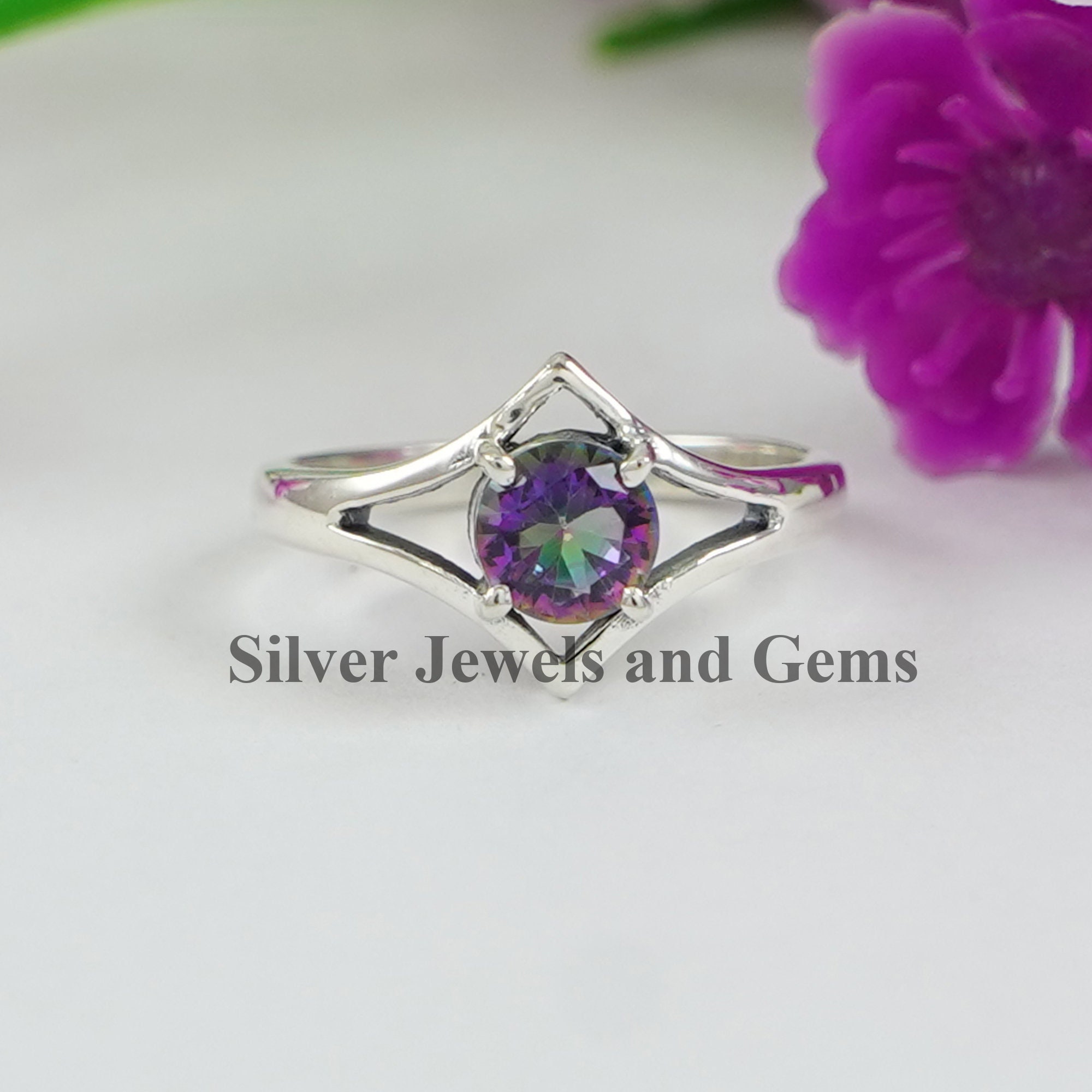 Rainbow Mystic Topaz Ring, 925 Sterling Silver, Minimalist Ring, Chevron Ring, Round Topaz Designer Ring, Birthday Gift