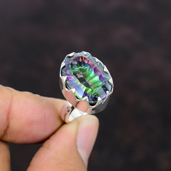 Rainbow Mystic Topaz Ring, Adjustable 925 Sterling Silver, Handmade Jewelry