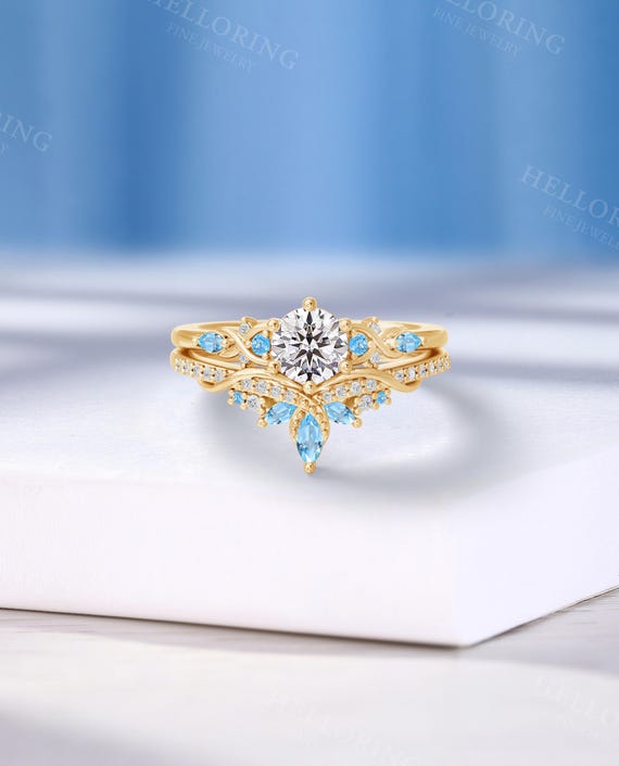 Unique Swiss Blue Topaz Entwined Moissanite Engagement Ring Set, Half Eternity Wedding Band, 18k Solid Gold Band, Promise Rings For Women