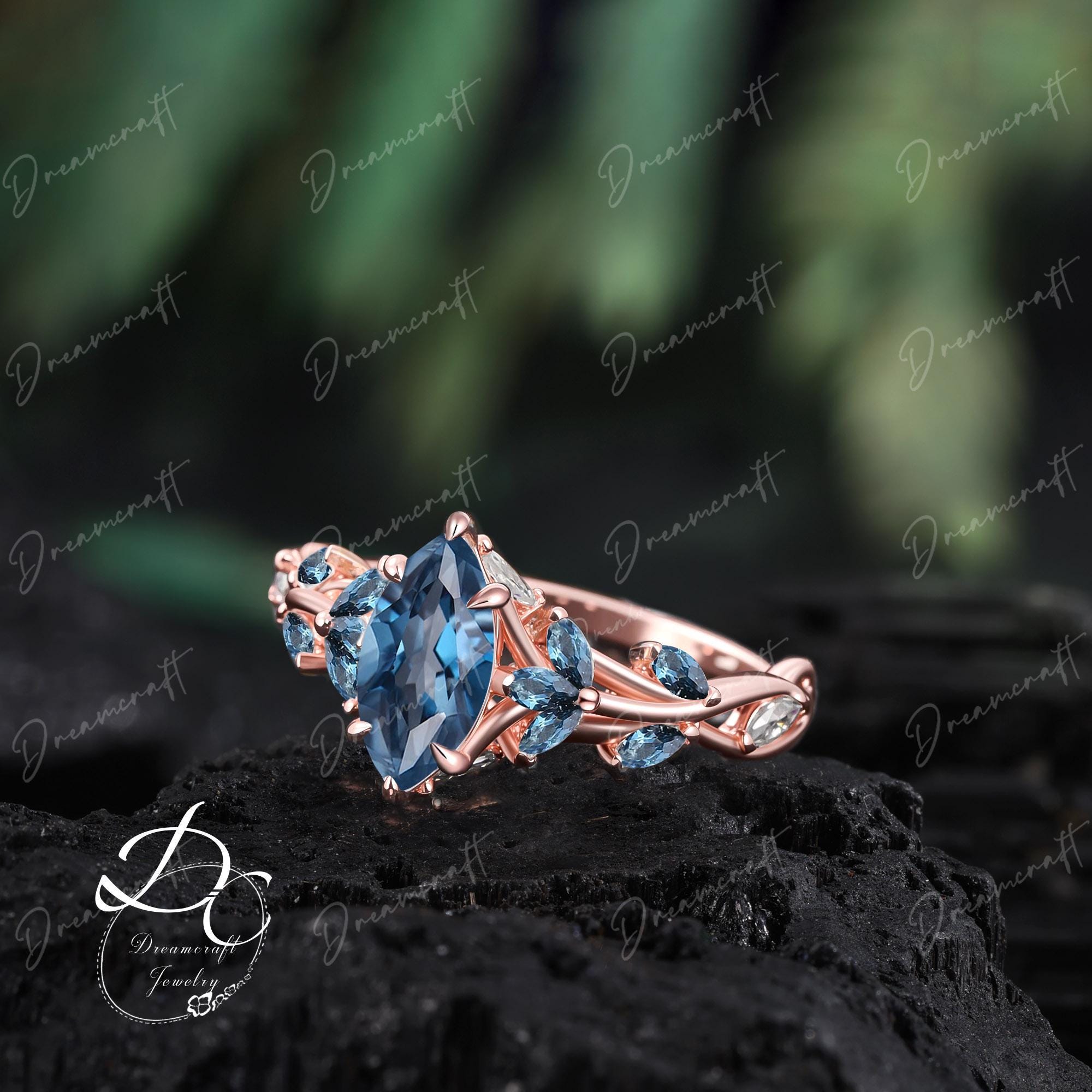 Vintage Marquise Cut London Blue Topaz Engagement Ring Nature Inspired Cluster Promise Ring Rose Gold Art Deco Leaf Gemstone Branch Ring