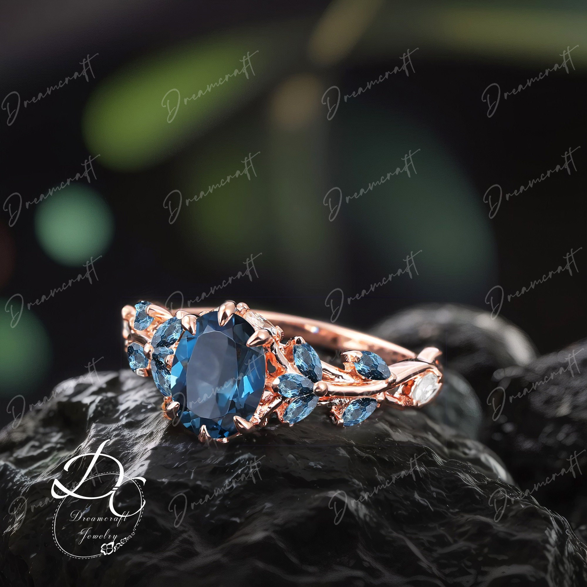 Vintage Oval Cut London Blue Topaz Engagement Ring Nature Inspired Cluster Promise Ring Rose Gold Art Deco Leaf Gemstone Branch Ring Gift