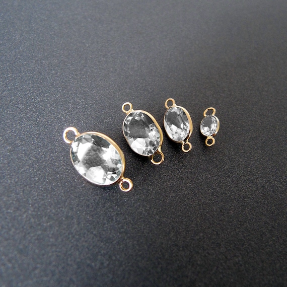 White Topaz 14k Gold Connector • 8x6 • 7x5 • 6x4 • 4x3mm • 2 Closed Jump Rings • Solid 14 Carat Yellow Gold • Natural Gemstone • Bezel Link