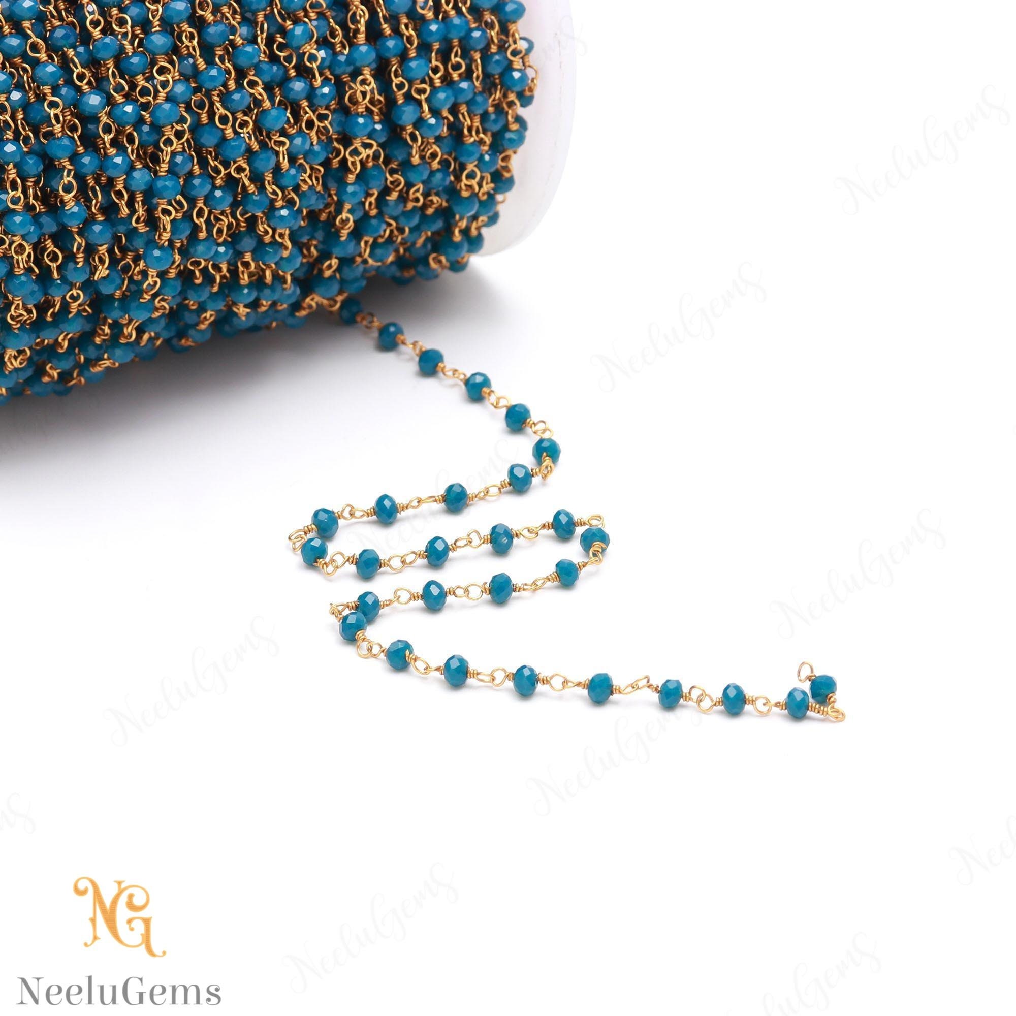 Beautiful London Blue Topaz Hydro Rondelle Beads Chain,3 Mm Gold Plated Wire Wrap Microcut Beaded Chain,rosary Chain For Handmade Jewelry