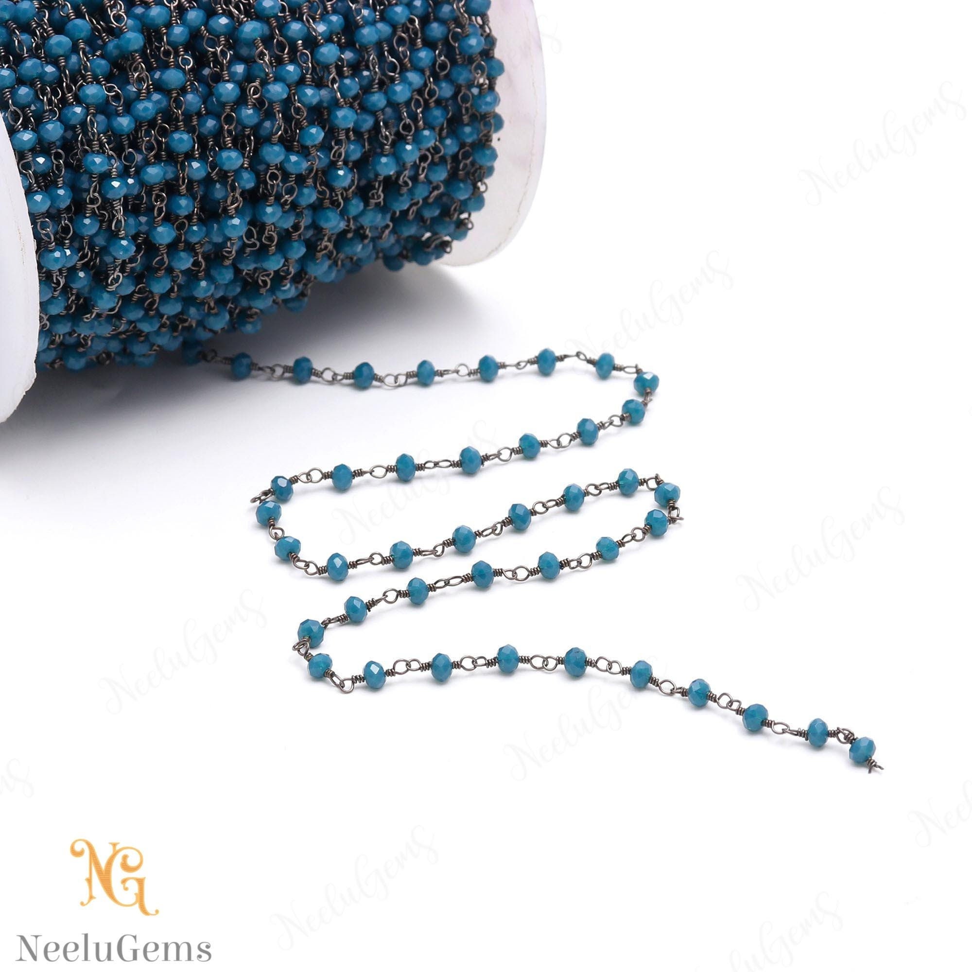 Beautiful London Blue Topaz Hydro Rondelle Beads Chain,3 Mm Black Plated Wire Wrap Microcut Beaded Chain,rosary Chain For Handmade Jewelry