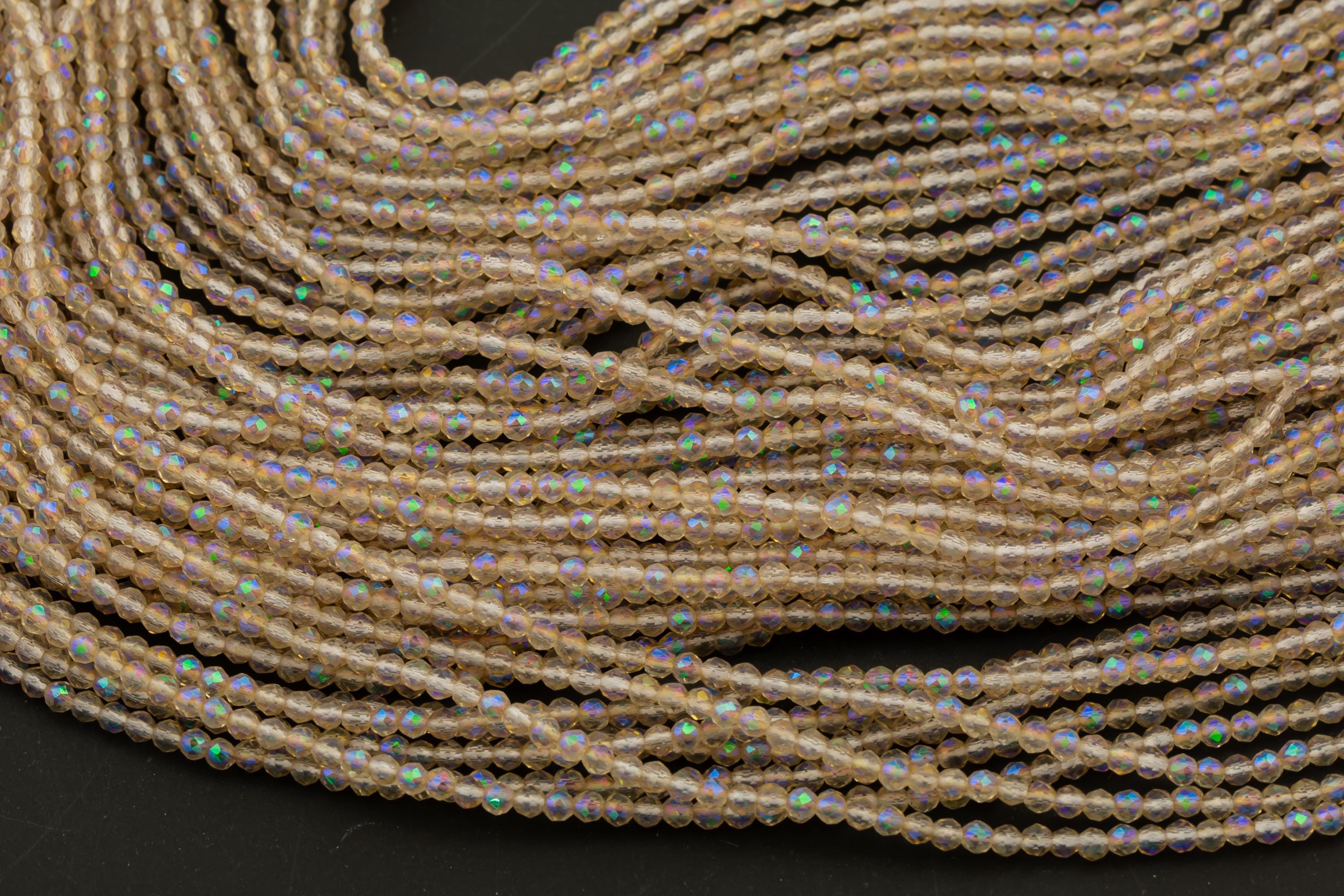 2mm Or 3mm Crystal Round -2 Or 5 Or 10 Strands- Extra Fine-14 Inches Long About 100+ Beads - Topaz Ab