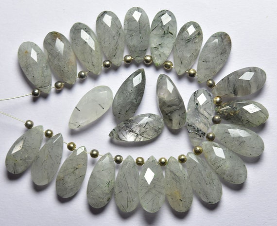 6 Pcs - Beautiful Natural Faceted Tourmalated Quartz Side Drilled Pear Briolettes - Size Is 7x15 Mm #1867