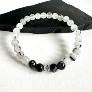 Black Tourmalinated Quartz Bracelet, Handmade Gemstone Bracelet, Everyday Artisan Jewelry