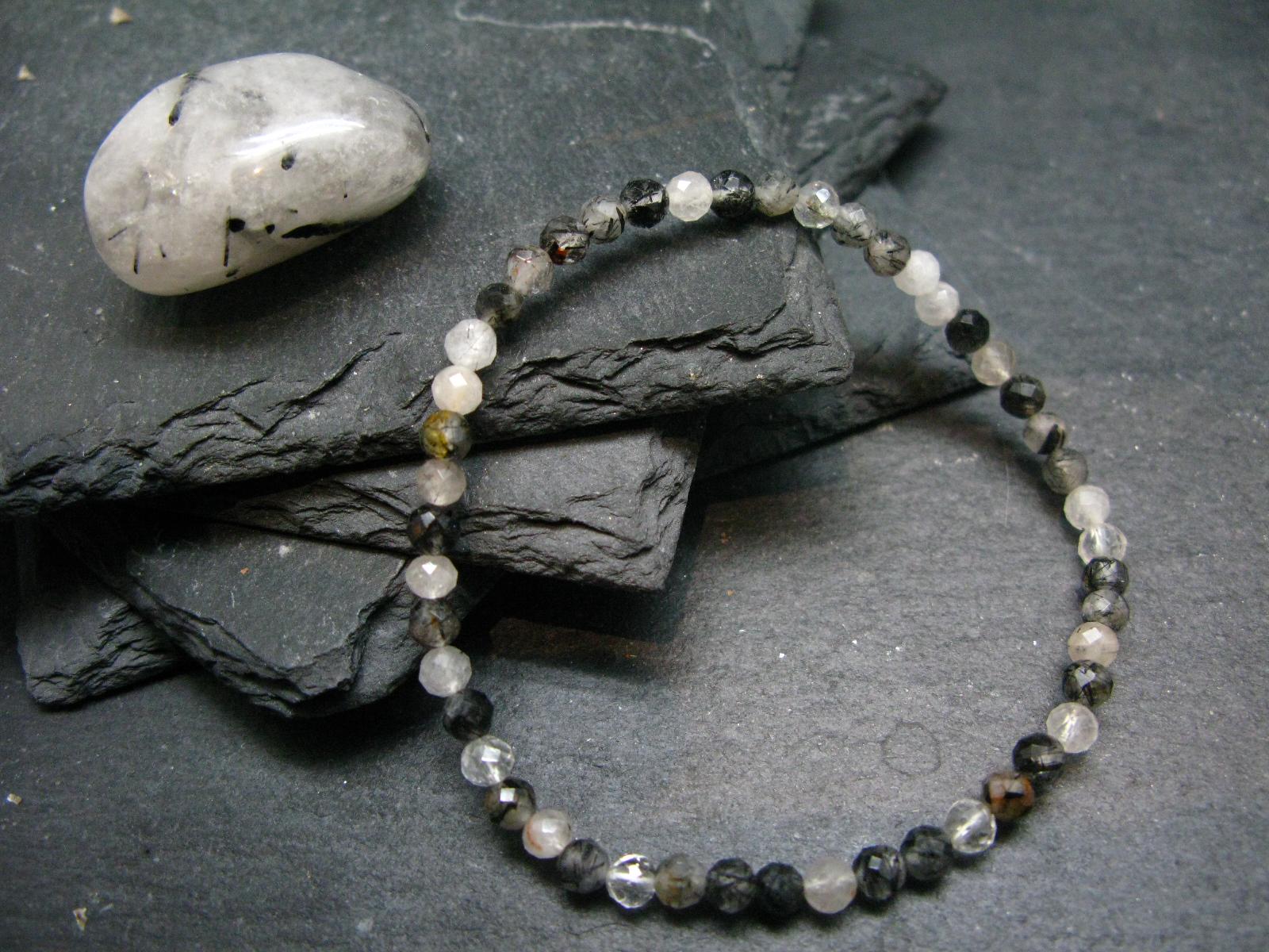 Tourmalinated Quartz W/ Black Tourmaline Genuine Bracelet ~ 7 Inches  ~ 4mm Facetted Beads