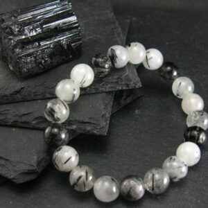 Tourmalinated Quartz W/ Black Tourmaline Genuine Bracelet ~ 7 Inches ~ 10mm Round Beads