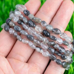 Black Tourmalinated Quartz Stretchy String Oval Bracelet Natural Crystal Gemstone Bracelets - Gemstone Nugget Bracelets Handmade Jewelry