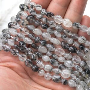 Natural Black Tourmalinated Quartz Nugget Beads - Around 5x8mm in dimensions -16 Inch strand - Wholesale pricing Gemstone Beads