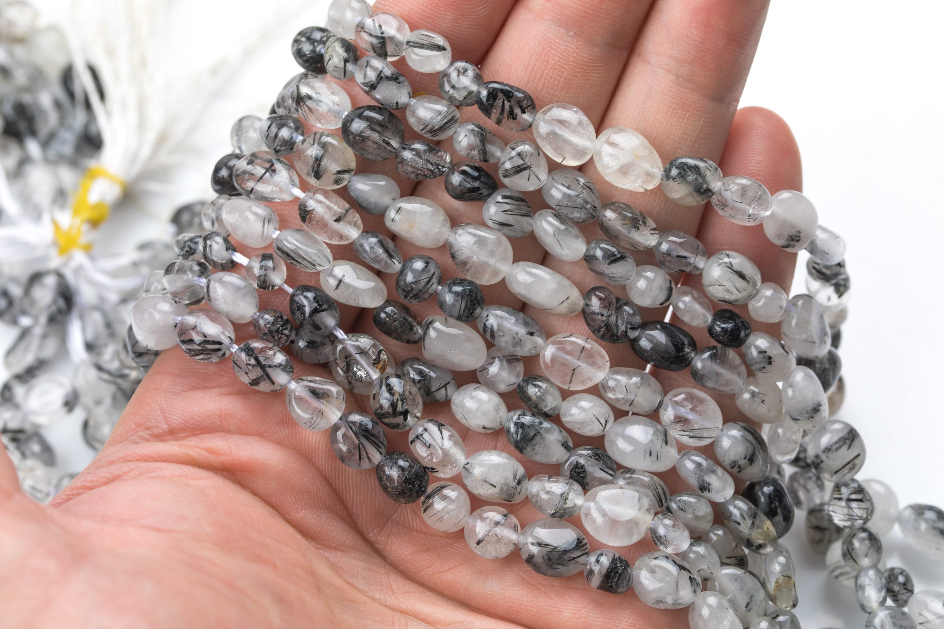 Natural Black Tourmalinated Quartz Nugget Beads - Around 5x8mm In Dimensions -16 Inch Strand - Wholesale Pricing Gemstone Beads