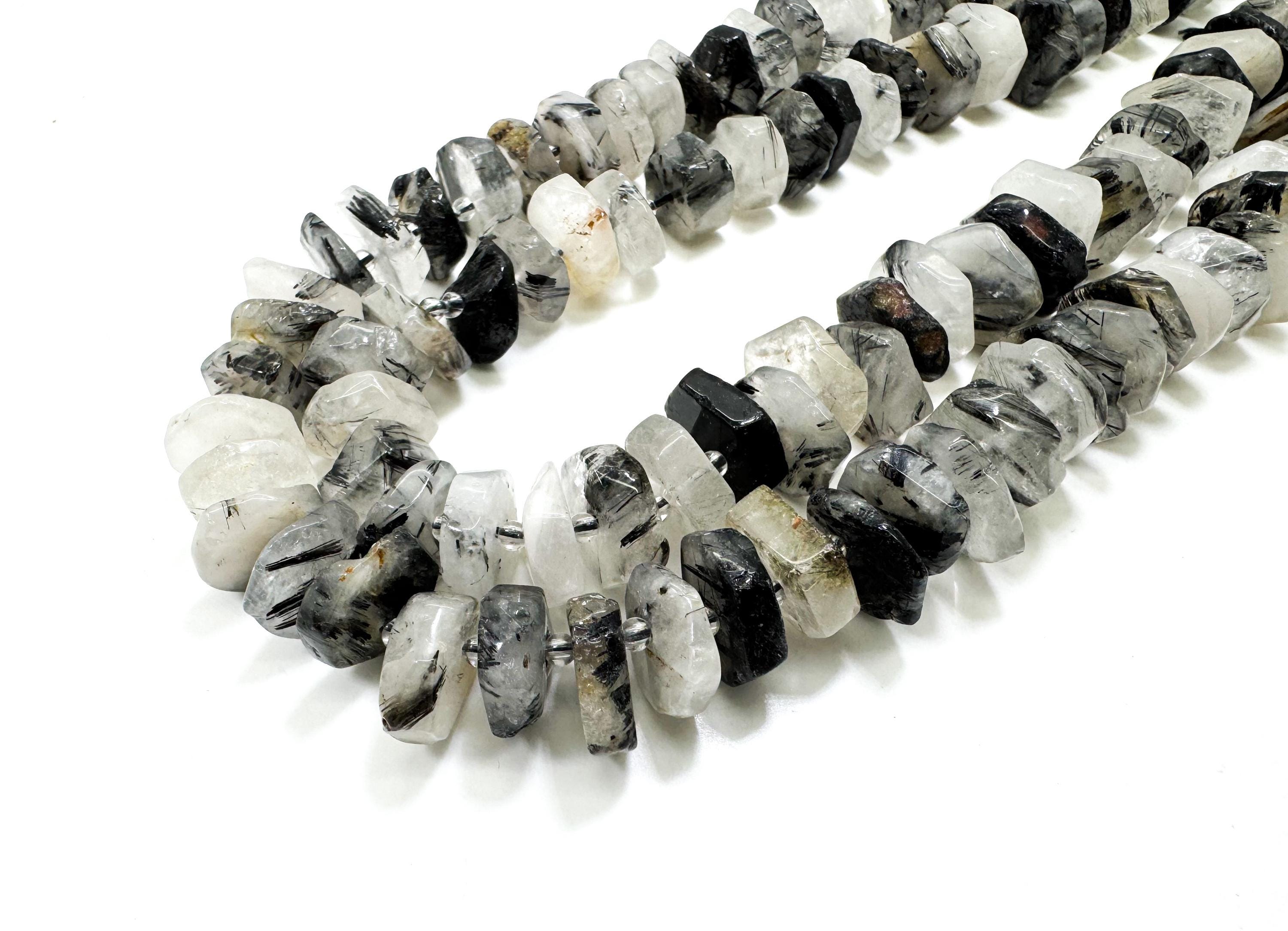 Natural Tourmaline Rutilated Quartz, Black Tourmalinated Quartz Faceted Flat Disc Round Nugget Gemstone Beads - Rdf15