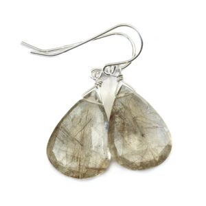 Black Bronze Rutile Tourmalated Quartz Earrings Sterling Silver Faceted Large Long Teardrop Aaa Quality Rich Select Natural Rutilation