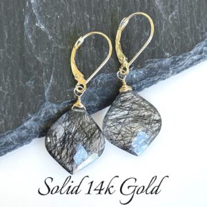 Black Rutilated Quartz Earrings, Black Tourmalinated Quartz Lantern Drop Earrings in Solid 14k Gold, Real Gold Simple Jewelry, Gift for her
