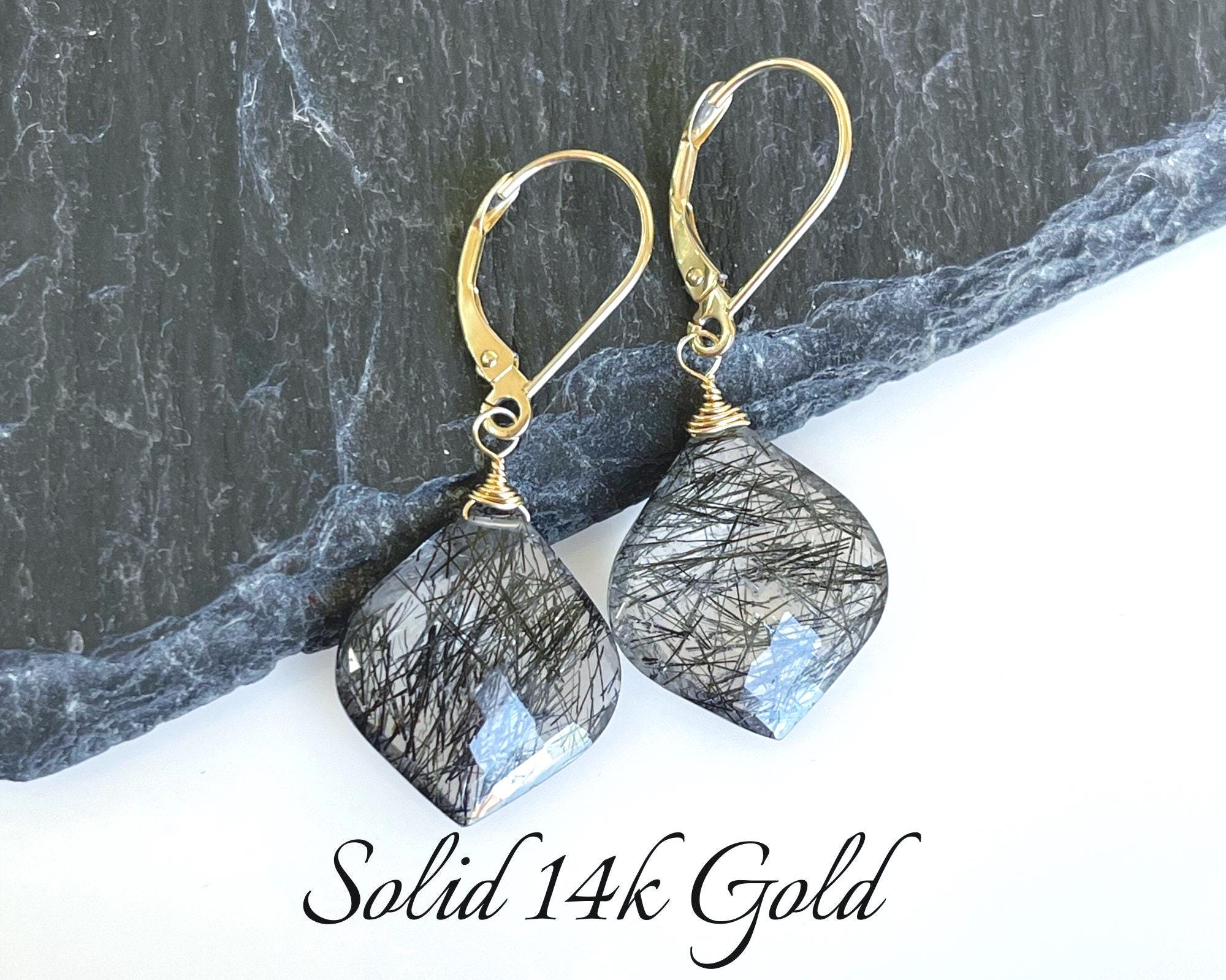 Black Rutilated Quartz Earrings, Black Tourmalinated Quartz Lantern Drop Earrings In Solid 14k Gold, Real Gold Simple Jewelry, Gift For Her
