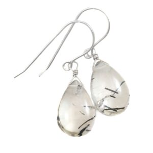 Black Rutile Tourmalated Quartz Earrings Smooth Dangle Thick Rutilated Teardrops 14k Solid Gold Or Filled Or Sterling Silver Simple Drop