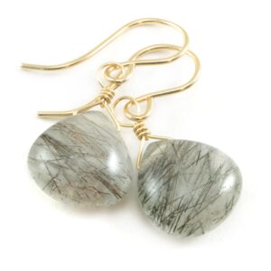 Black Rutile Tourmalated Quartz Earrings 14k Solid Gold Or Filled Or Sterling Silver Smooth Rutilated Heart Teardrop Rutilation Simple Drops