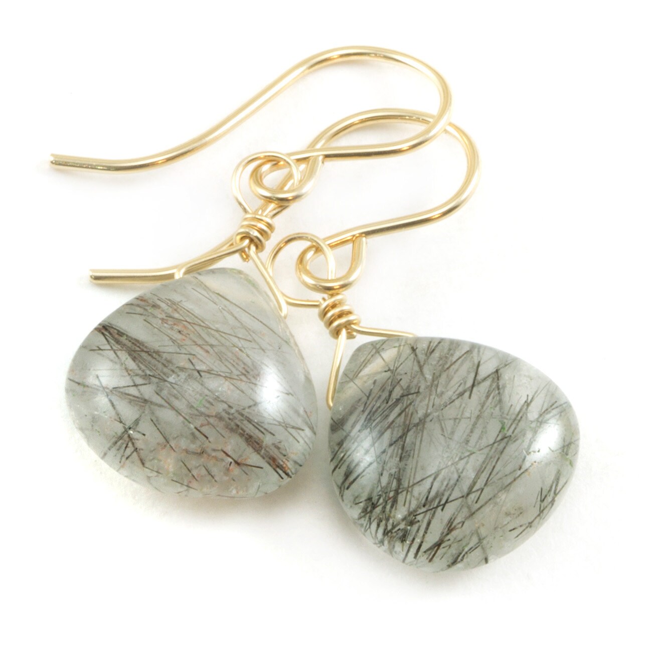Black Rutile Tourmalated Quartz Earrings 14k Solid Gold Or Filled Or Sterling Silver Smooth Rutilated Heart Teardrop Rutilation Simple Drops