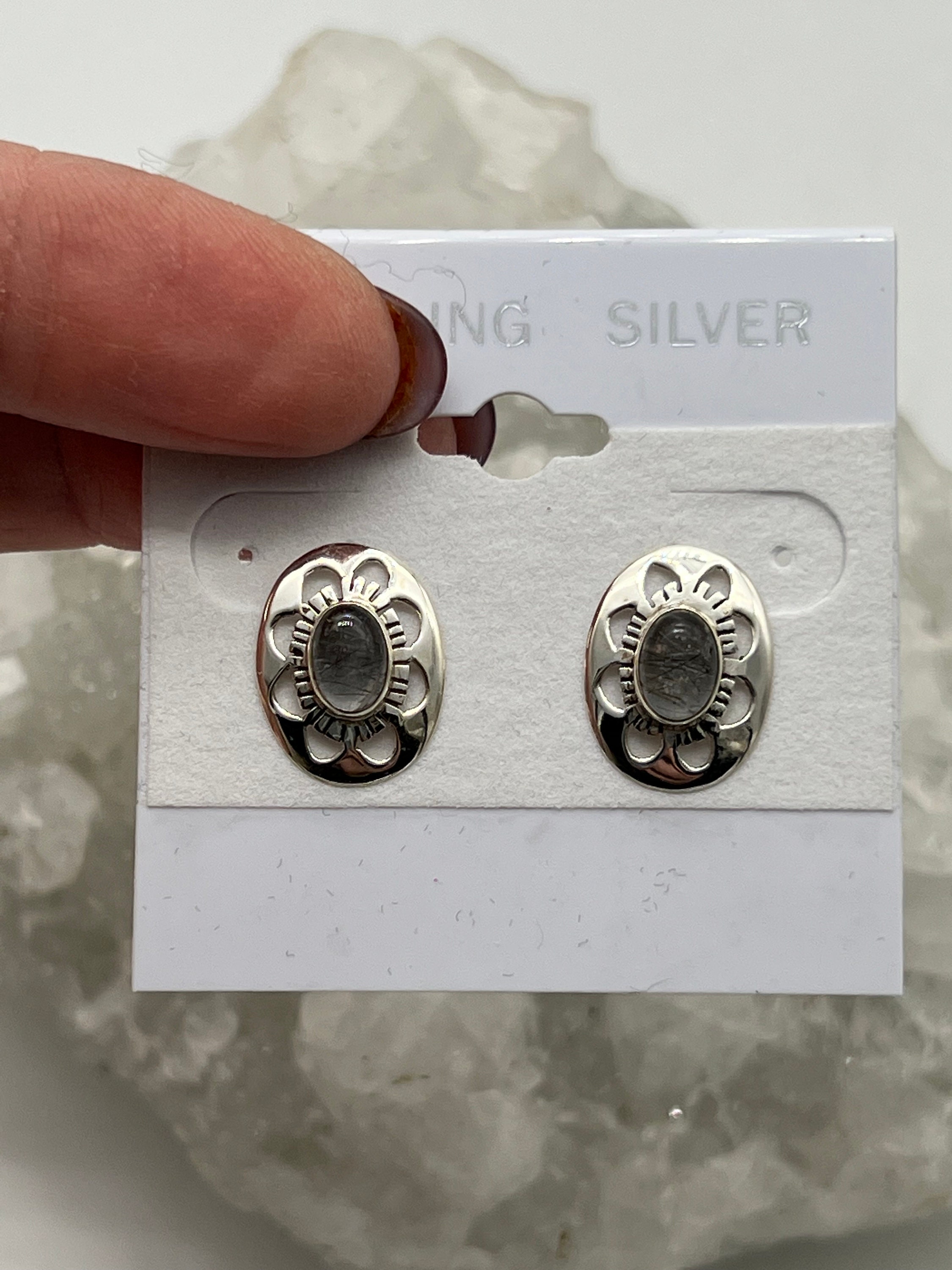 Black Tourmalinated Quartz Stud Earrings