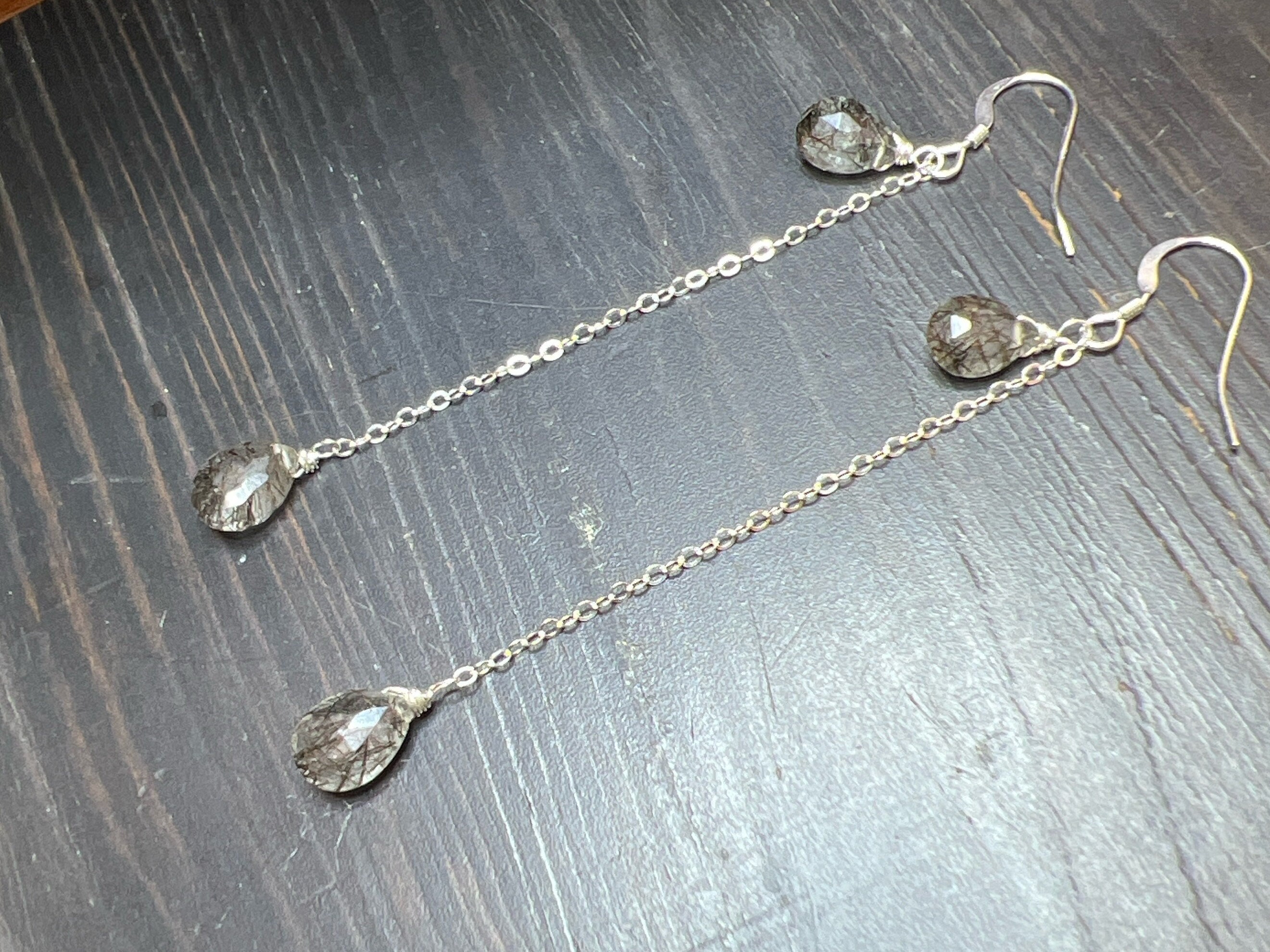 Black Tourmalated Quartz Earrings: Sterling Silver Chain Dangles