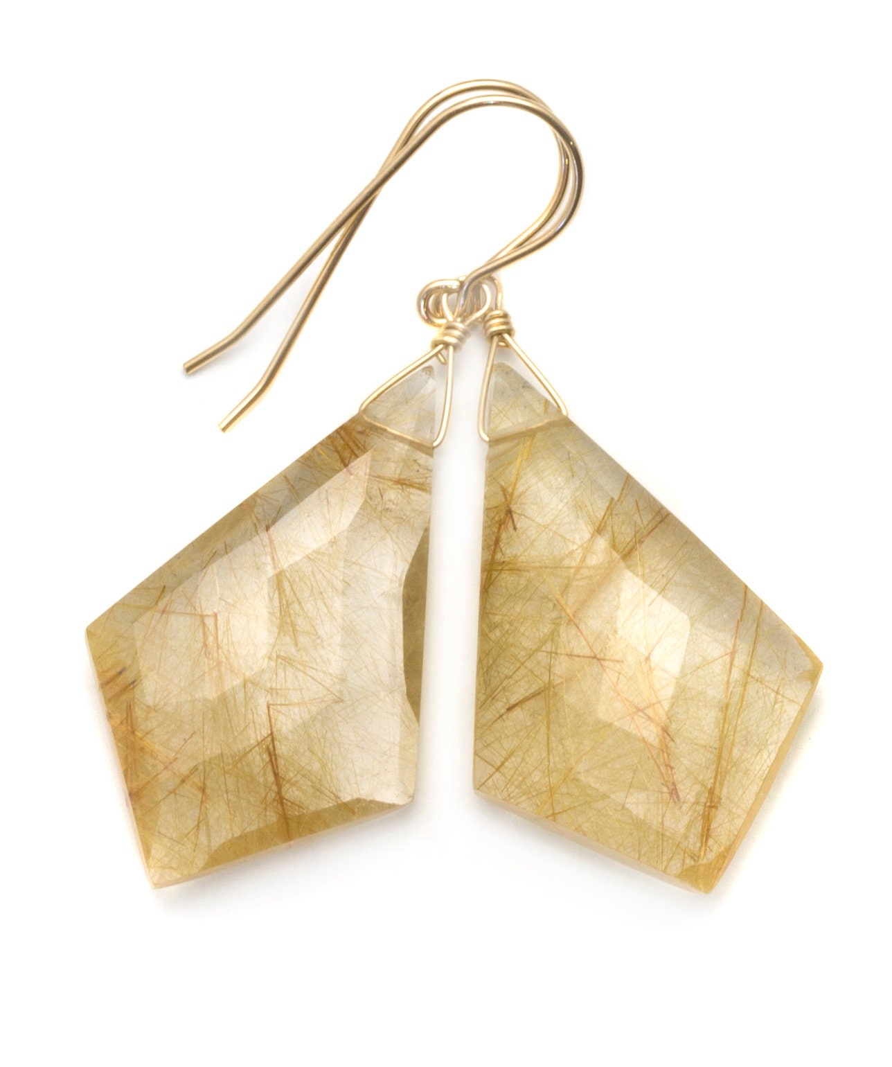 Golden Rutile Tourmalated Quartz Earrings 14k Gold Filled Faceted Large Long Rutilated Select Teardrop 2 Inch Rich Select Rutilation