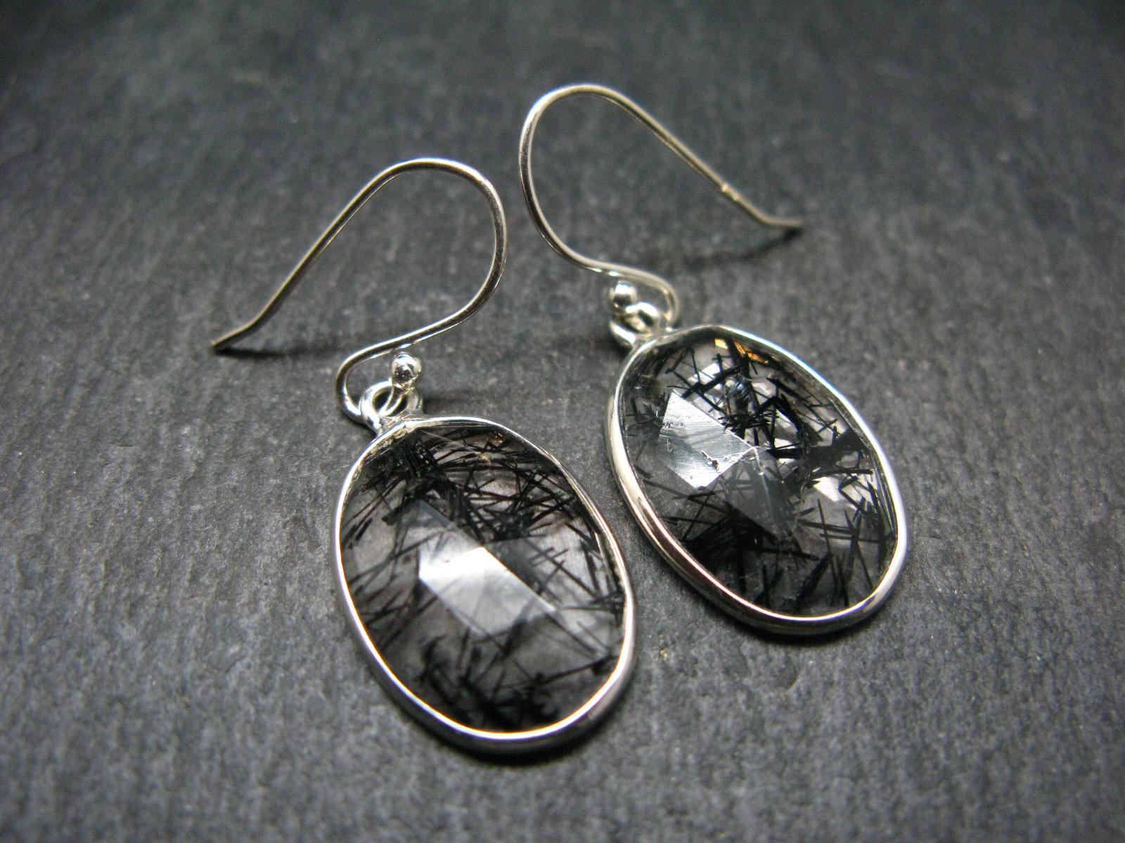 Large Tourmalinated Quartz Crystal Silver Earrings From Brazil - 1.4" - 3.62 Grams