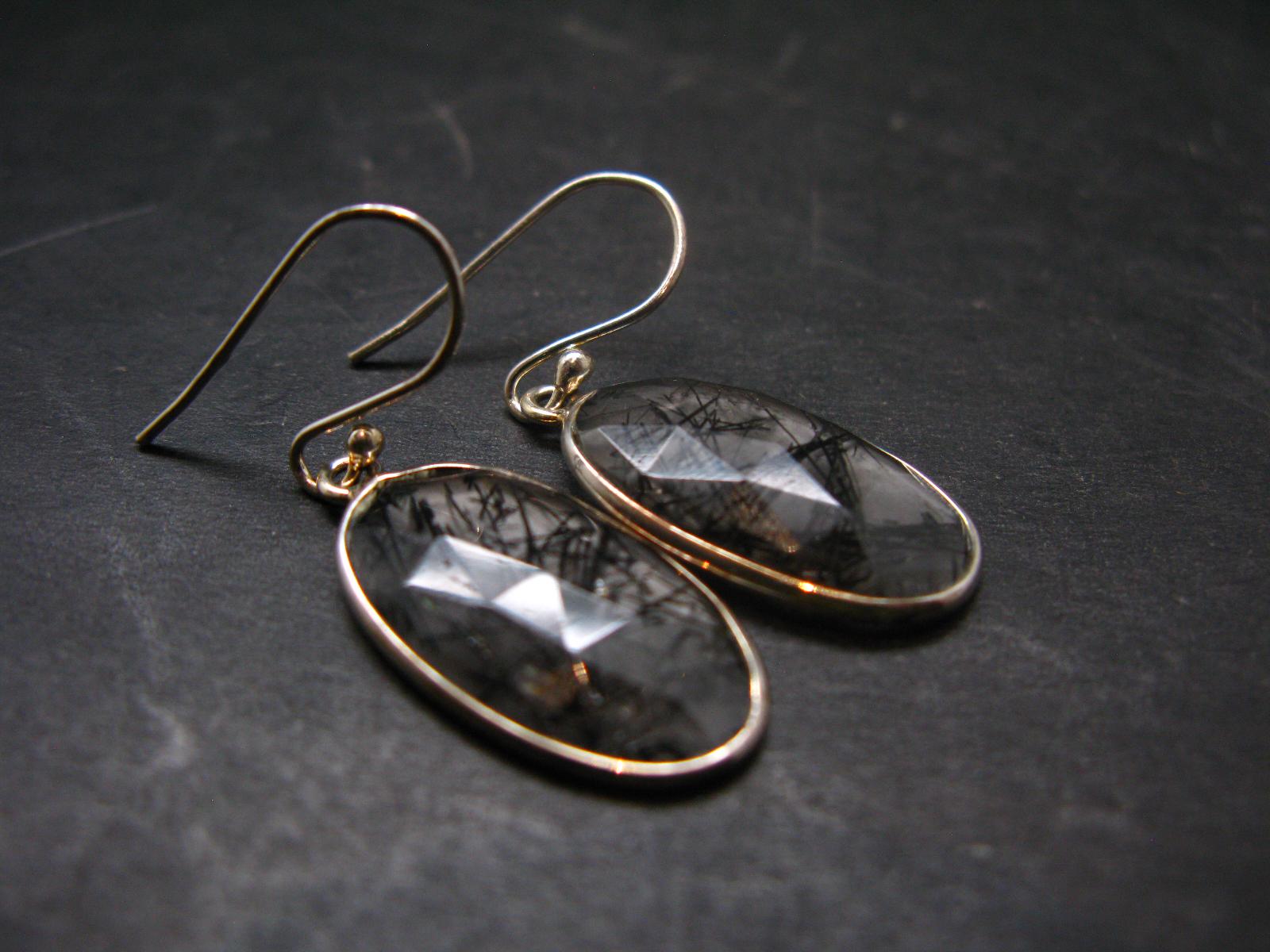 Large Tourmalinated Quartz Crystal Silver Earrings From Brazil - 1.4" - 3.80 Grams