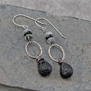 Lava Rock Tourmalinated Quartz Earrings, Rustic Unique Sterling Silver Dangles Lava Rock Tourmalinated Quartz Earrings, Rustic Unique Sterling Silver Dangles