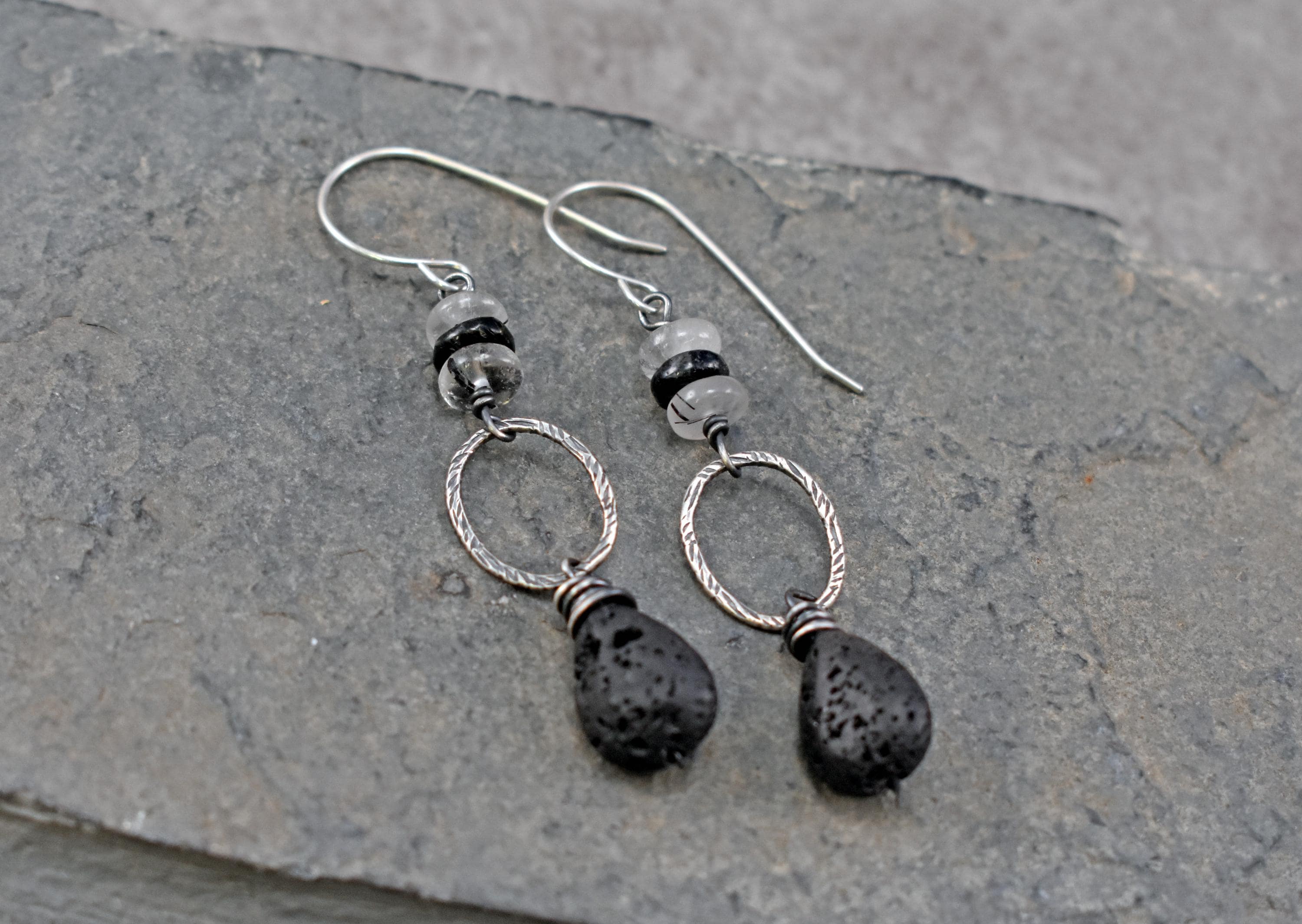 Lava Rock Tourmalinated Quartz Earrings, Rustic Unique Sterling Silver Dangles Lava Rock Tourmalinated Quartz Earrings, Rustic Unique Sterling Silver Dangles