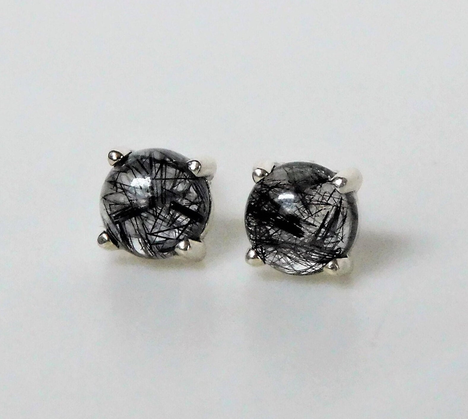 Natural Black Rutile Quartz 6mm Stud Earrings: Sterling Silver