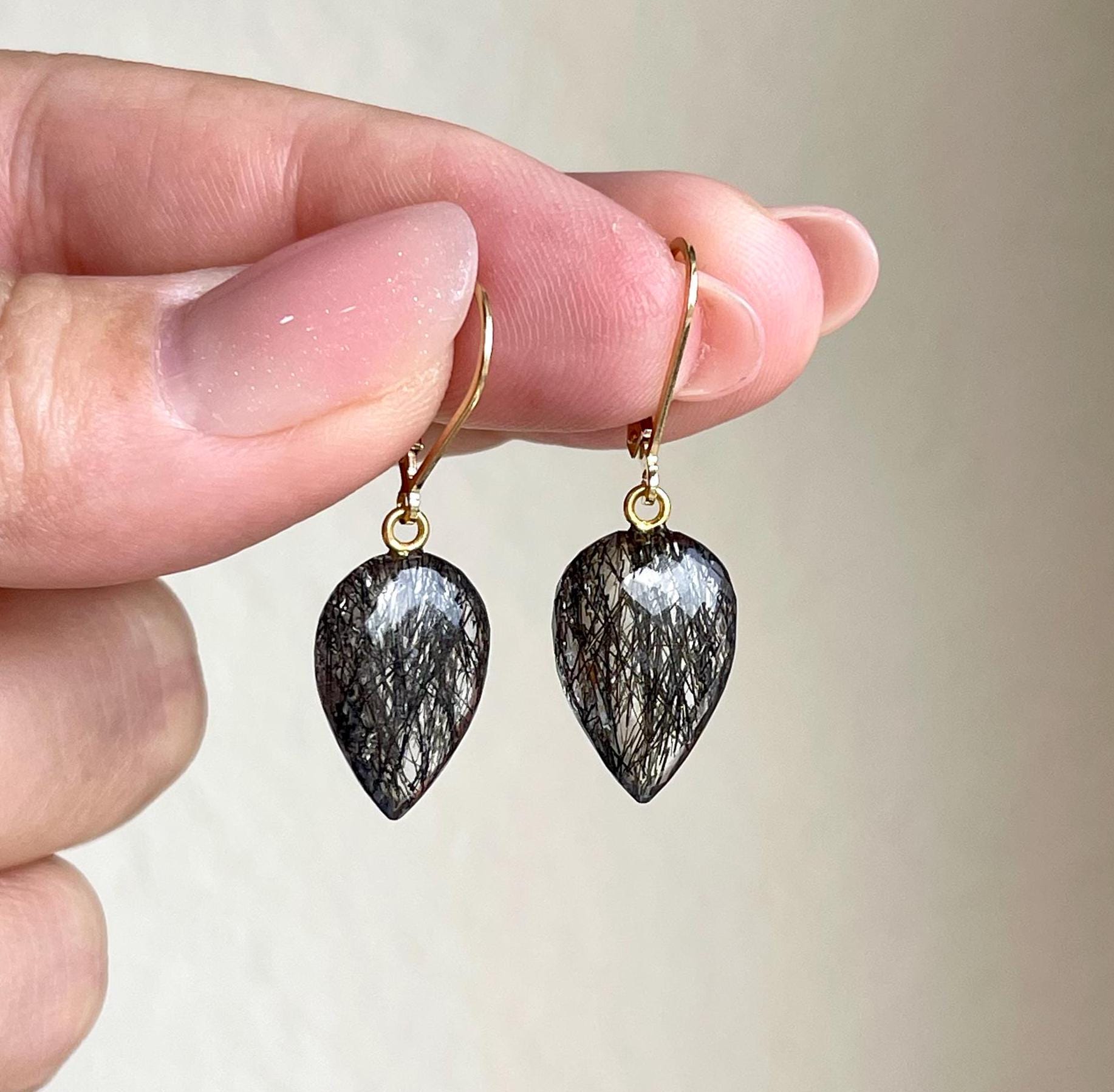 Rutilated Quartz Earrings, Black Tourmalinated Quartz Teardrop Earrings, Statement In Earrings Gold Or Silver, Black Jewelry, Gift For Her