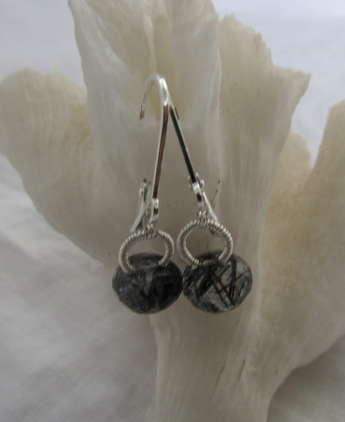 Rutilated Black Tourmalinated Quartz, Sterling Silver Lever Back Style Ear Wire, Earrings